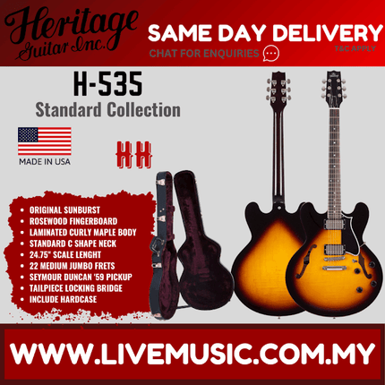 Heritage Standard H-535 Semi-Hollow Electric Guitar with Case, Original Sunburst ( H535 / H 535 )