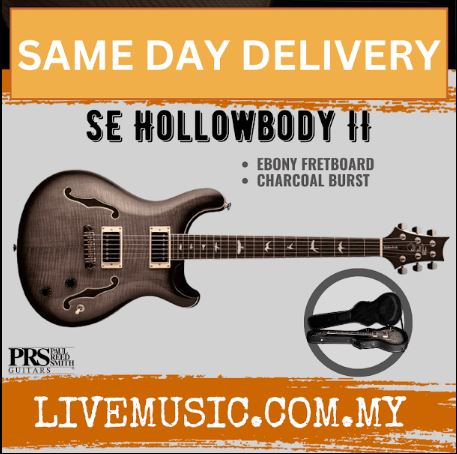 Charcoal burst hollowbody electric guitar with ebony fretboard, two pickups, and case.