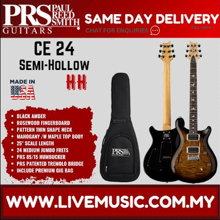 PRS CE24 Semi-Hollow Electric Guitar with Bag (CE-24)-Black Amber
