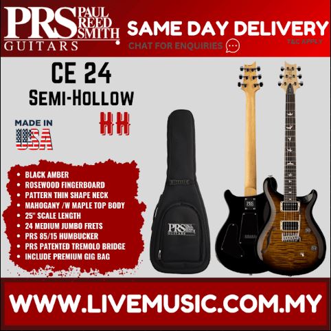 Black amber semi-hollow electric guitar with humbuckers and black padded gig bag