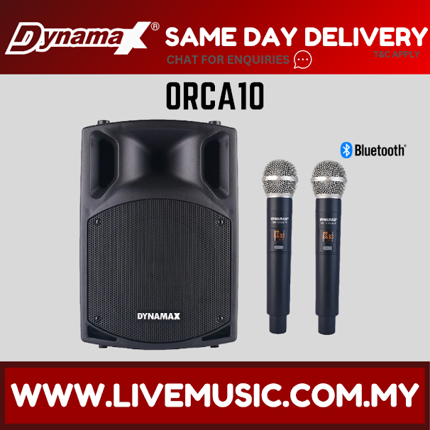 Portable active speaker with two handheld microphones, dark black front grille
