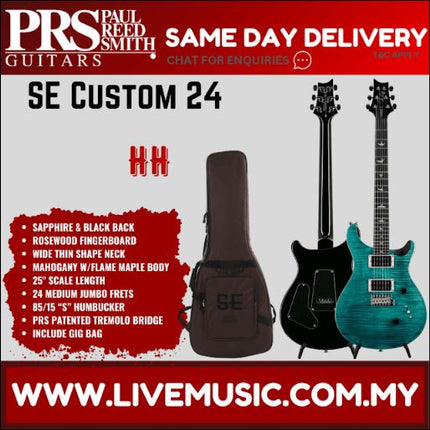 PRS SE Custom 24 Electric Guitar w/bag , Sapphire & Black Back