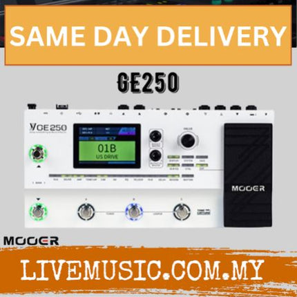 Mooer GE250 multi-effects pedal front view with display and controls