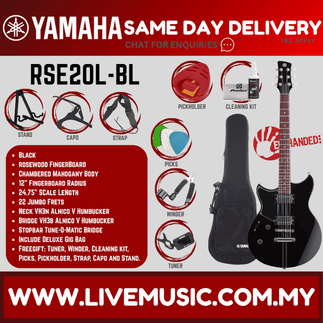 Yamaha left-handed electric guitar, black solid body with chrome hardware and dual pickups