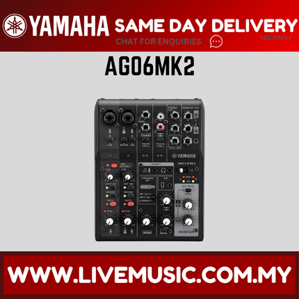 Black 6-channel mixer and USB audio interface front panel with knobs and ports
