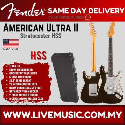 Fender American Ultra II Stratocaster HSS Electric Guitar, Ebony FB, Texas Tea