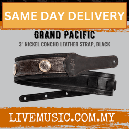 Taylor Grand Pacific Leather Guitar Strap, Black/Nickel Concho,3inch