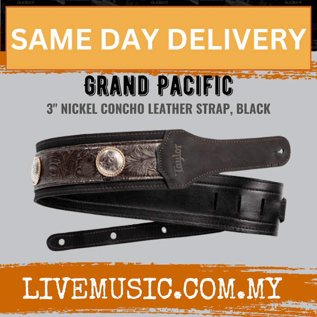 Taylor Grand Pacific Leather Guitar Strap, Black/Nickel Concho,3inch