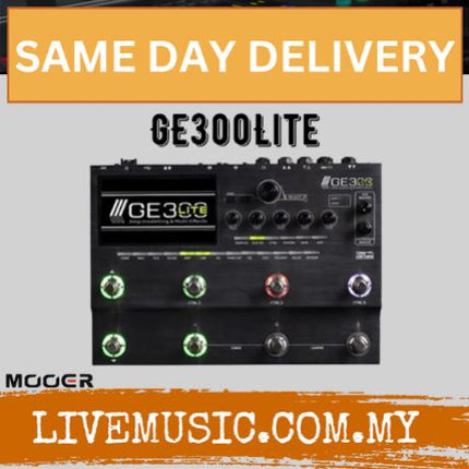 Grey Mooer GE300 Lite multi effects processor, front panel with knobs and input/output jacks