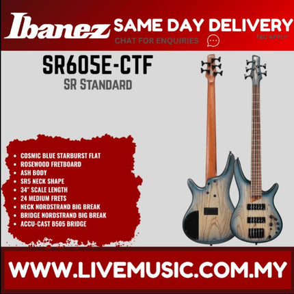Ibanez Standard SR605E Bass Guitar - Cosmic Blue Starburst Flat ( SR605E-CTF SR605E-BKT )