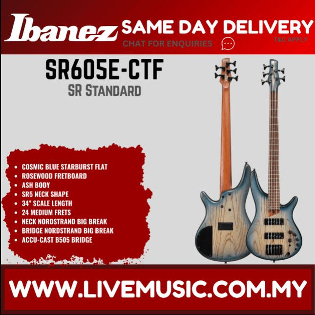 Ibanez Standard SR605E Bass Guitar - Cosmic Blue Starburst Flat ( SR605E-CTF SR605E-BKT )