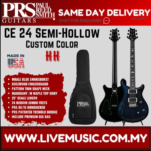 Blue semi-hollow electric guitar with gig bag and dual humbucker pickups