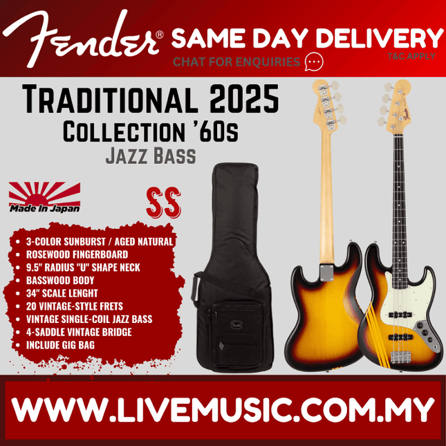 3-tone sunburst Jazz bass guitar with rosewood fingerboard and gig bag, aged natural