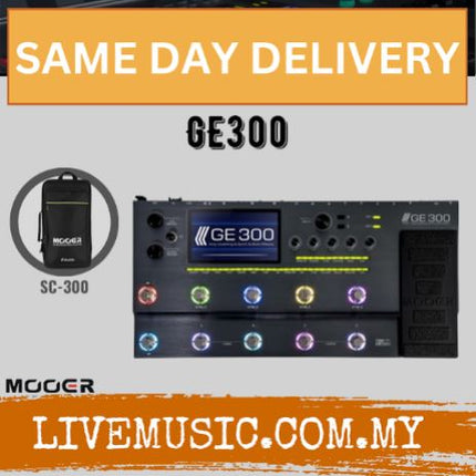 Black GE300 guitar multi-effects pedal with SC-300 case shown at left