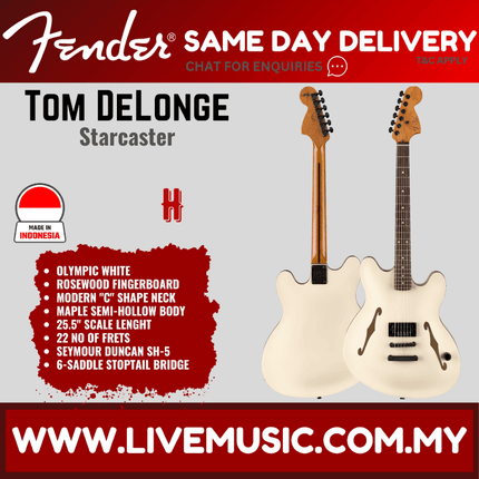 Fender Tom DeLonge Starcaster Electric Guitar, RW FB, Olympic White