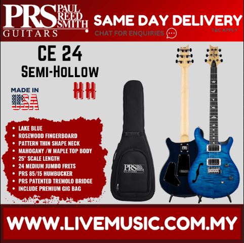 Lake blue semi-hollow electric guitar with gig bag, dual humbuckers.
