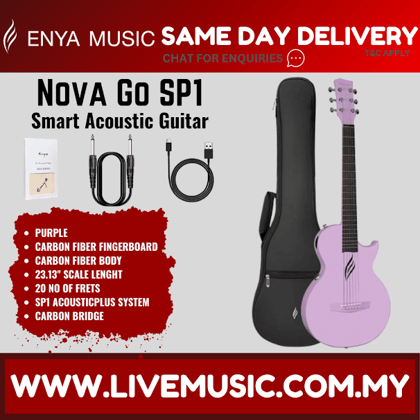 Purple acoustic-electric guitar with carbon fiber body and headstock, with black case