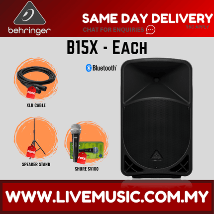 Behringer B15X 1000W 15" Powered Speaker w/UG-88HH Wireless Mic, Speaker Stand and Cable - Pair ( B-15X / B 15X )