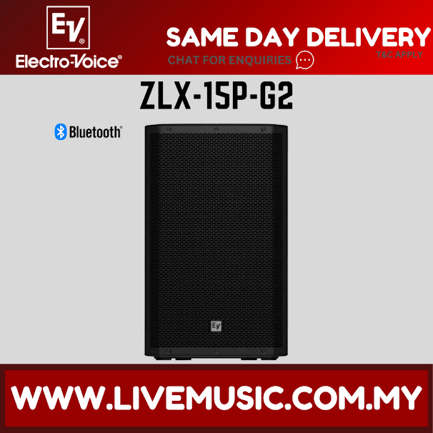 Black powered 15-inch loudspeaker cabinet, front view, ZLX-15P G2