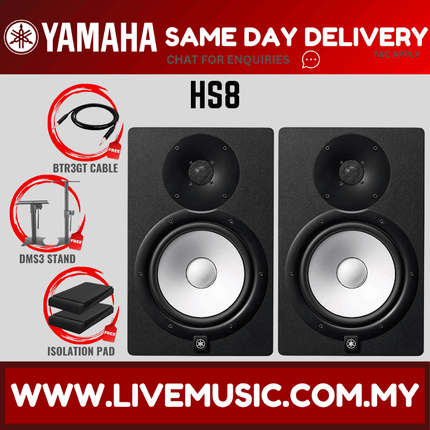 Black powered studio monitor pair with 8-inch woofers and front tweeters