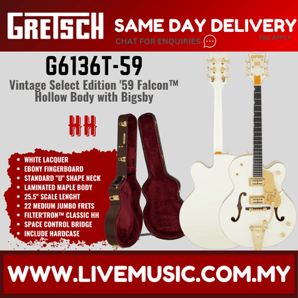 Gretsch G6136T-59GE Vintage Select 1959 Falcon Electric Guitar w/ Bigsby, Vintage White