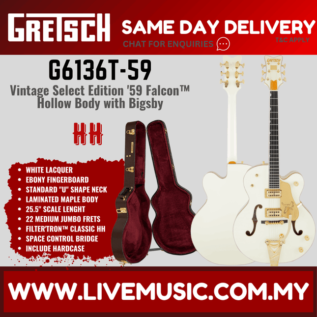 Gretsch G6136T-59GE Vintage Select 1959 Falcon Electric Guitar w/ Bigsby, Vintage White