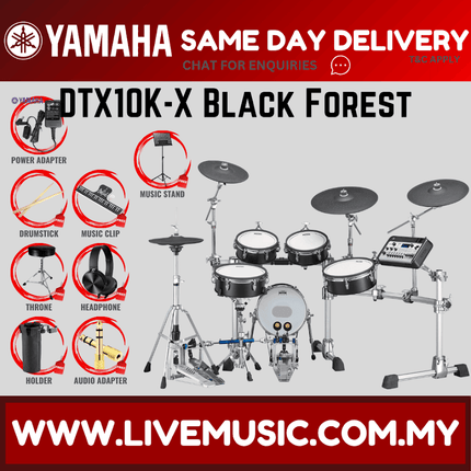 Black electronic drum set with cymbals, drum pads, and sound module on stand.