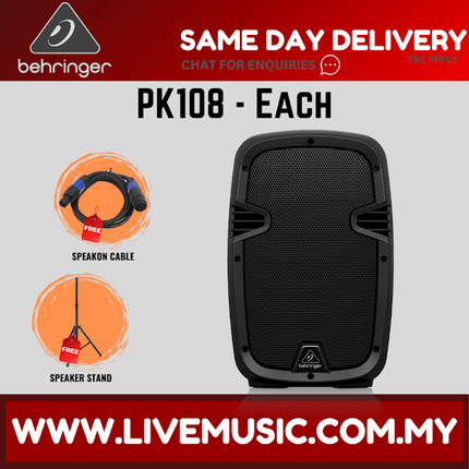 Behringer PK108 Passive 350-Watt 8" PA Speaker System W/Speaker Stand & Cable - Each / Pair ( PK 108 / PK-108 )