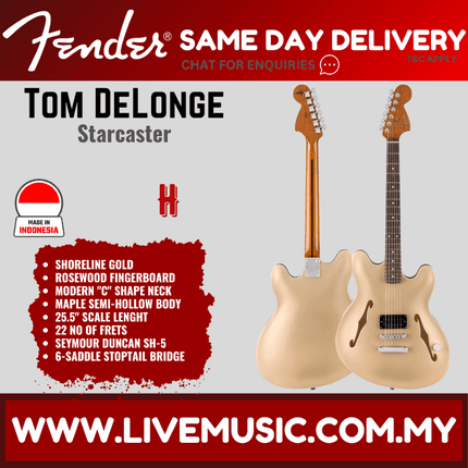 Fender Tom DeLonge Starcaster Electric Guitar, RW FB, Shoreline Gold