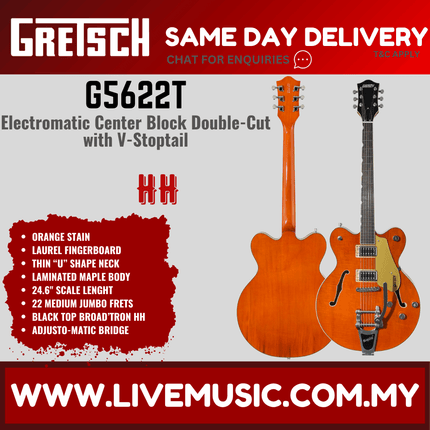Gretsch G5622T Electromatic Centre-Block Double Cut Electric Guitar w/Bigsby, Laurel FB - Orange Stain
