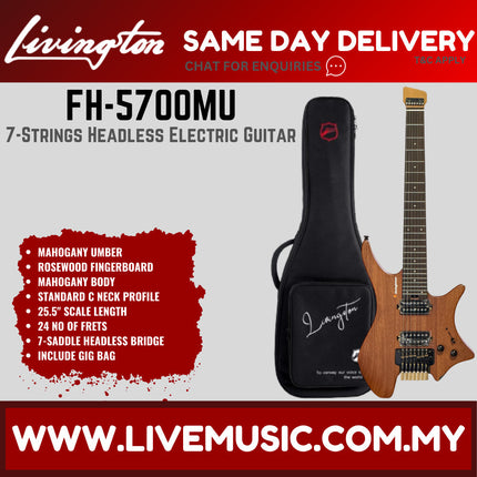 7-string mahogany umber headless electric guitar with black gig bag