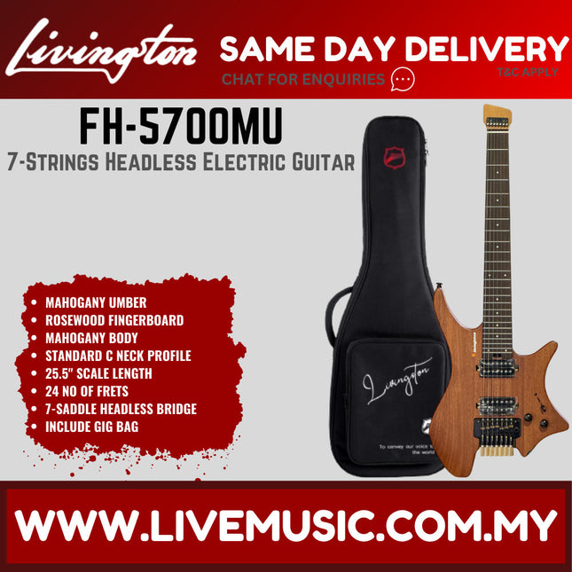 7-string mahogany umber headless electric guitar with black gig bag