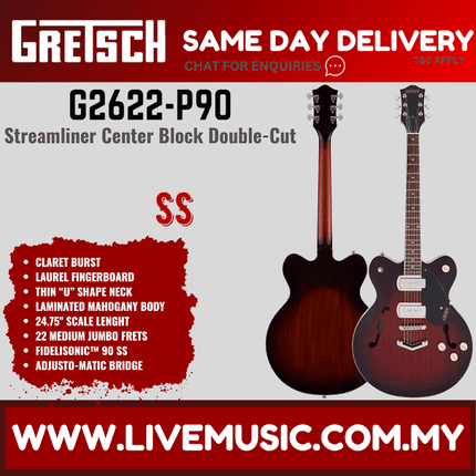 Gretsch G2622-P90 Streamliner Center Block Double-Cut Electric Guitar, Laurel FB, Claret Burst