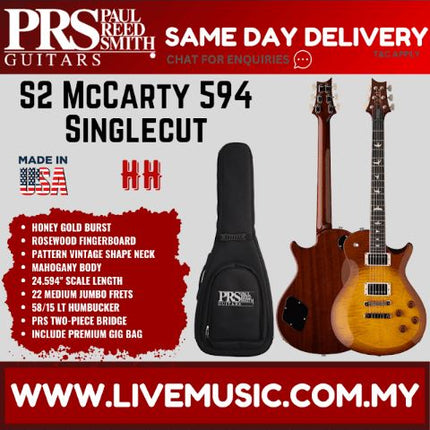 PRS S2 McCarty 594 Singlecut Electric Guitar w/Bag, Honey Gold Burst