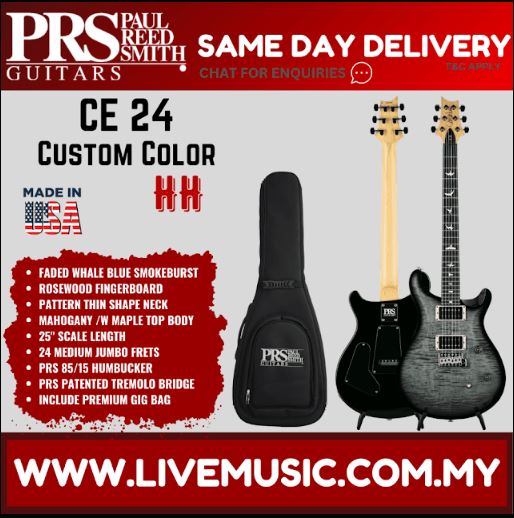 Dark smokeburst PRS CE24 electric guitar with gig bag, single-cut body and humbuckers