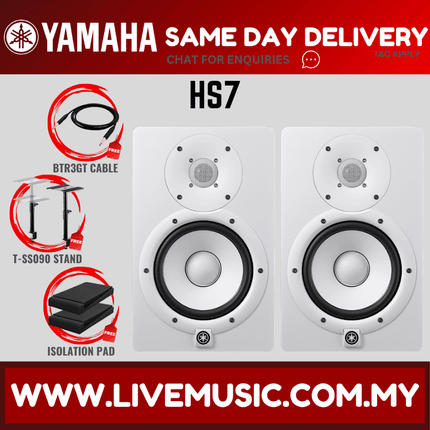 Pair of white powered studio monitors with cable and desktop stand callouts