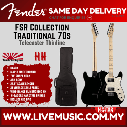 Fender FSR Collection Traditional 70s Telecaster Thinline Electric Guitar, Maple FB, Black