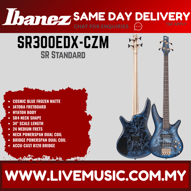 Ibanez SR300EDX 4-String Bass Guitar, Cosmic Blue Frozen Matte / Black Ice Frozen Matte ( SR300EDX-CZM SR300EDX-BZM )