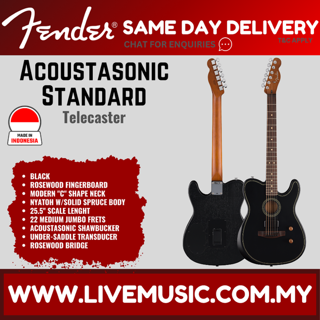 Fender Acoustasonic Standard Telecaster Electric Guitar, RW FB, Black / Aged Natural / Honey Burst
