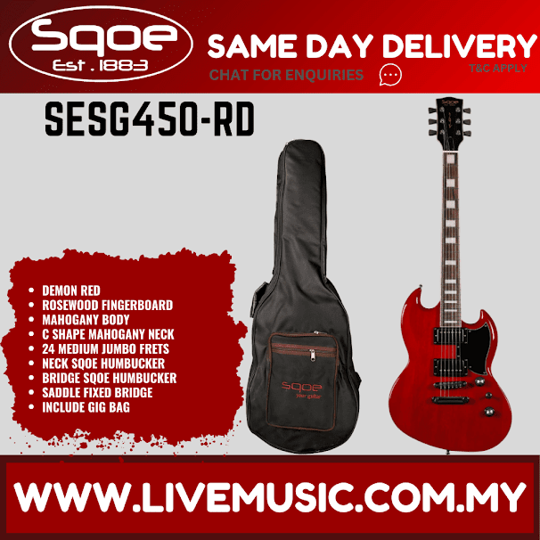 Sqoe SESG450 Arsenal Devils Horn Electric Guitar w/Gig Bag, Rosewood FB - Demon Red ( SESG-450 / SESG 450 )