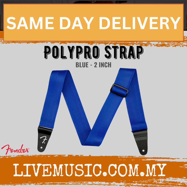 Blue polypro guitar strap with adjustable buckle and black ends
