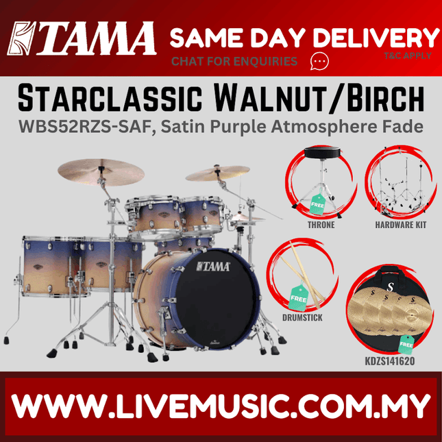 Satin purple 5-piece drum shell pack with cymbals, walnut/birch finish