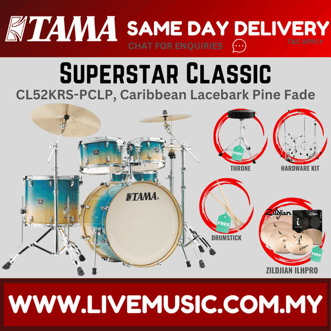 5-piece drum set with cymbals, Caribbean lacebark pine fade finish, Superstar Classic