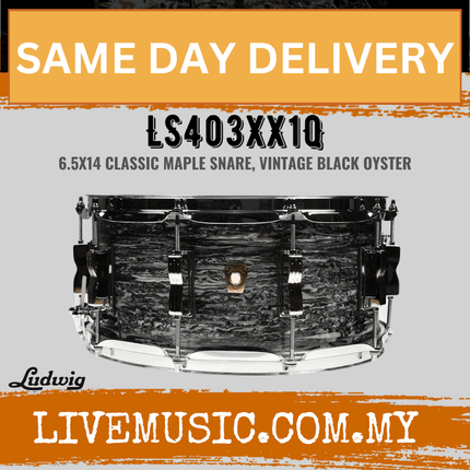 Ludwig LS403XX1Q 6.5x14inch Classic Maple Snare Drum, Vintage Black Oyster
