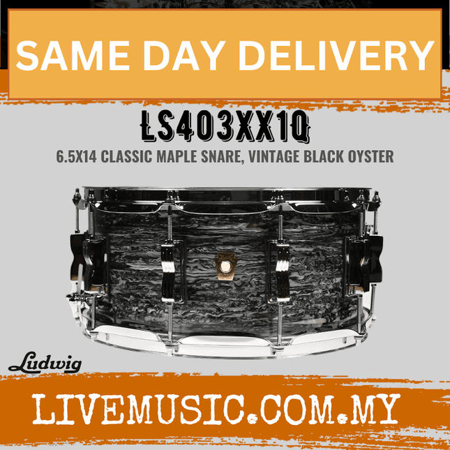 Ludwig LS403XX1Q 6.5x14inch Classic Maple Snare Drum, Vintage Black Oyster