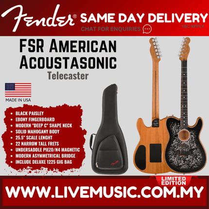 Fender FSR American Acoustasonic Telecaster Guitar w/Bag, Ebony FB, Black Paisley