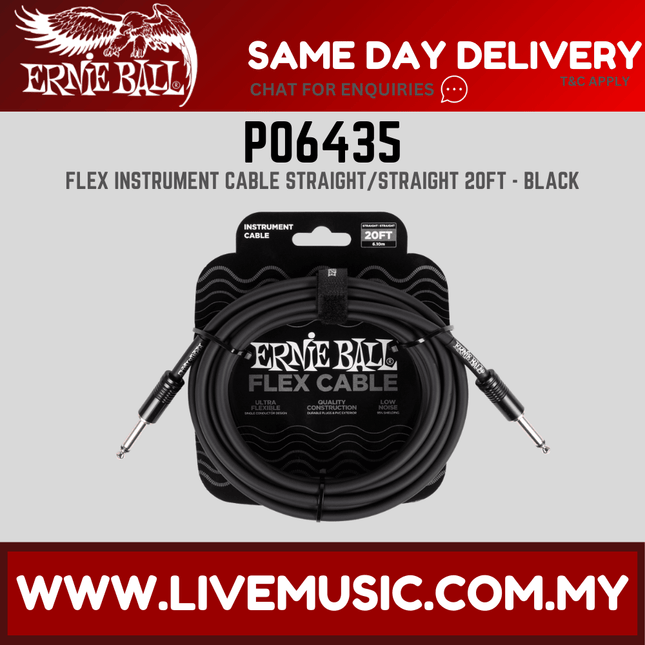 Ernie Ball P06435 Flex Straight to Straight 20 Ft Instrument Cable (Black