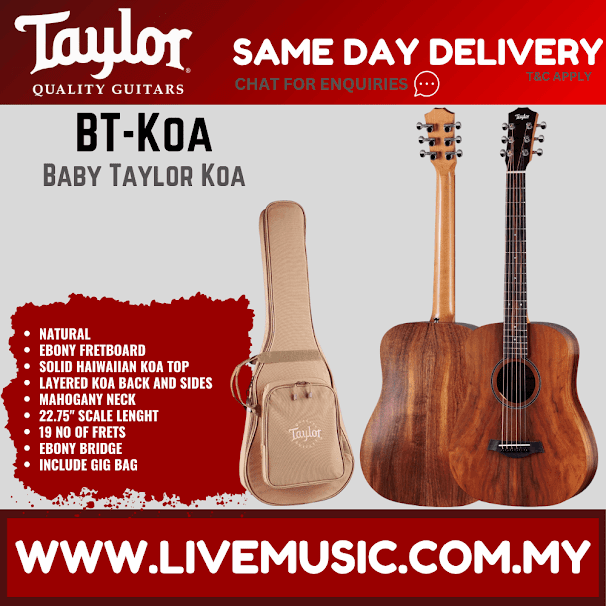 Baby Taylor Koa acoustic guitar with gig bag, natural wood body and dark ebony fretboard
