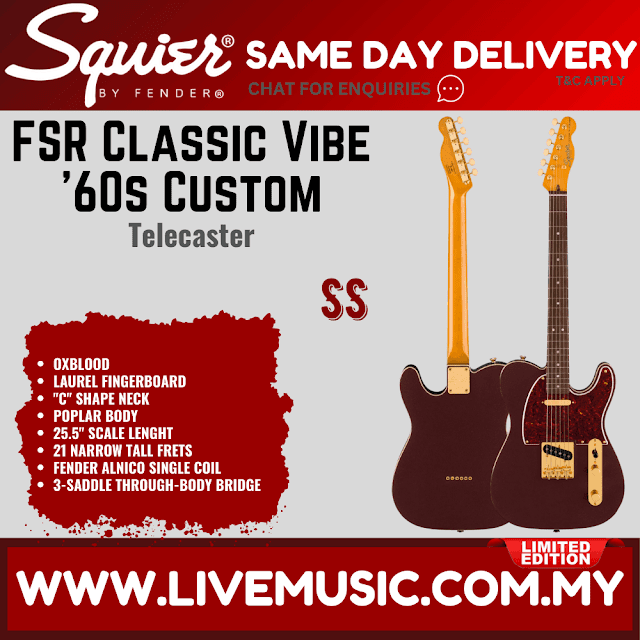 Squier FSR Classic Vibe 60s Custom Telecaster w/Gold Hardware, Laurel FB, Oxblood