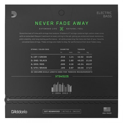D'Addario XTB45105 XT Nickel Plated Steel Electric Bass String Set (Daddario)